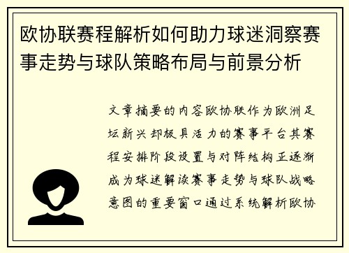 欧协联赛程解析如何助力球迷洞察赛事走势与球队策略布局与前景分析
